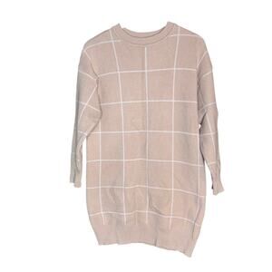 ZESICA Womens Large Sweater Dress Beige Windowpane Knit Long Sleeve Tunic